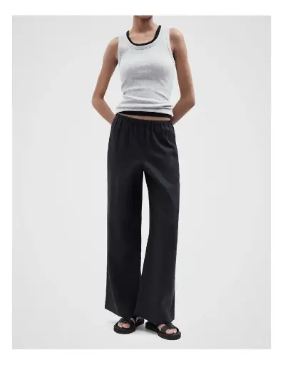 黑色訂製亞麻闊腿褲